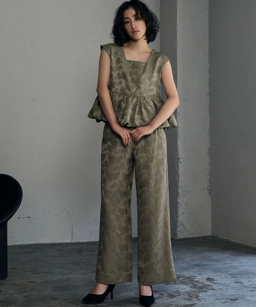 フェザー柄ジャガードペプラム セットアップ 結婚式 パンツドレス