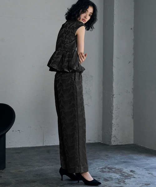 フェザー柄ジャガードペプラム セットアップ 結婚式 パンツドレス