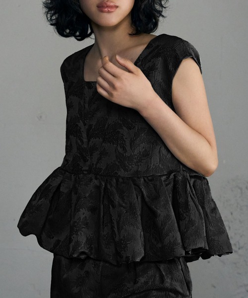 girl（ガール）の「フェザー柄ジャガードペプラム セットアップ 結婚式 パンツドレス セパレート パーティードレス オケージョンドレス お呼ばれ 二次会 成人式 同窓会 謝恩会（パンツドレス・レディース・カーキ/ブラック/グレー・S/M/L）」の12枚目の写真