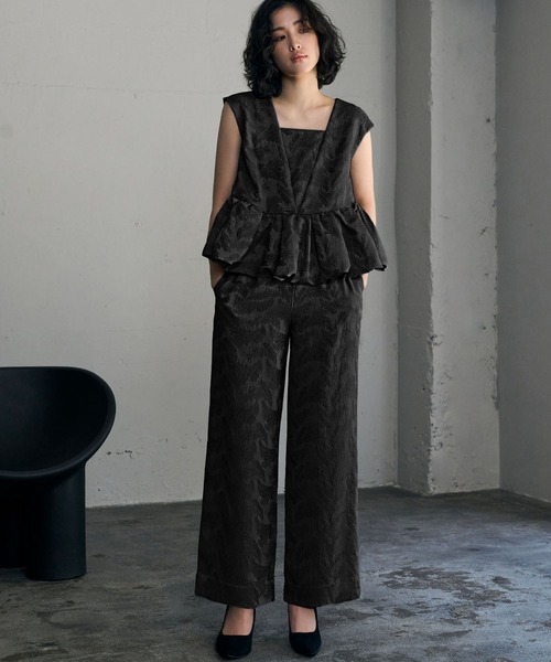 フェザー柄ジャガードペプラム セットアップ 結婚式 パンツドレス