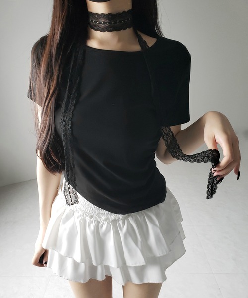 3color 】レースチョーカーロングタイ付き半袖Tシャツ ／ lace