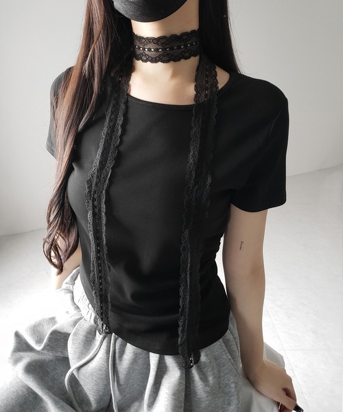 3color 】レースチョーカーロングタイ付き半袖Tシャツ ／ lace