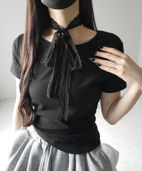 3color 】レースチョーカーロングタイ付き半袖Tシャツ ／ lace