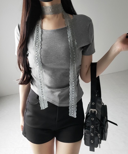 3color 】レースチョーカーロングタイ付き半袖Tシャツ ／ lace