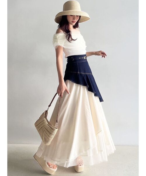 シアーコンビオフショルニット&バックリボンデニム シアーコンビオフショルニット&バックリボンデニム