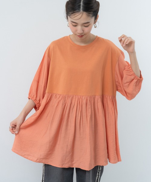 SABUROKU(サブロク)の「【SABUROKU】1枚で華やかに決まる ランタン袖 プルオーバー(Tシャツ/カットソー・レディース・ブラック/オフホワイト/オレンジ・M)」の3枚目の写真