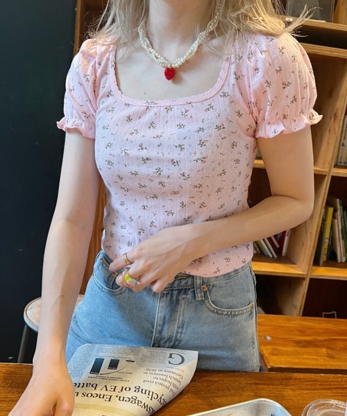 SOOR PLOOM 花柄パフスリーブTシャツ 2Y トップス SOOR PLOOM 花柄パフスリーブTシャツ 2Y トップス