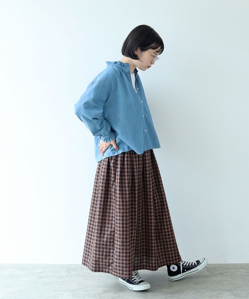 PAR ICI(パーリッシィ)の「製品染め ギンガムチェックスカート(スカート・レディース・チャコールグレー/ダークブラウン・FREE)」の9枚目の写真