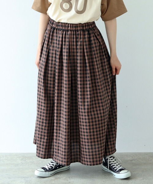 PAR ICI(パーリッシィ)の「製品染め ギンガムチェックスカート(スカート・レディース・チャコールグレー/ダークブラウン・FREE)」の10枚目の写真