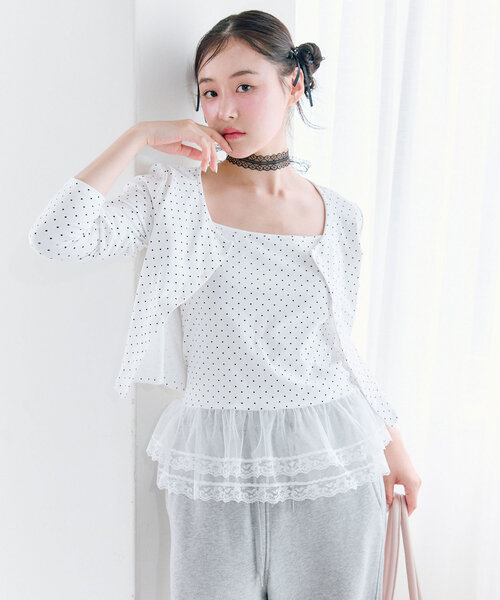 OLIVE des OLIVE（オリーブデオリーブ）の「【SETアイテム/着回し】レースキャミ×カーデ　アンサンブル（カーディガン/ボレロ・レディース・トップグレー/サックスブルー/オフホワイト・FREE）」の2枚目の写真