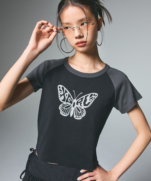 tシャツ GLITTER BUTTERFLY RAGLAN S/S BABY TEE レディース X-girl tシャツ GLITTER BUTTERFLY RAGLAN S/S BABY TEE