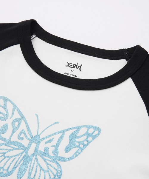 X-girl(エックスガール)の「GLITTER BUTTERFLY RAGLAN S/S BABY TEE(Tシャツ/カットソー・レディース・ブラック/ホワイト/ベージュ・S/M)」の5枚目の写真