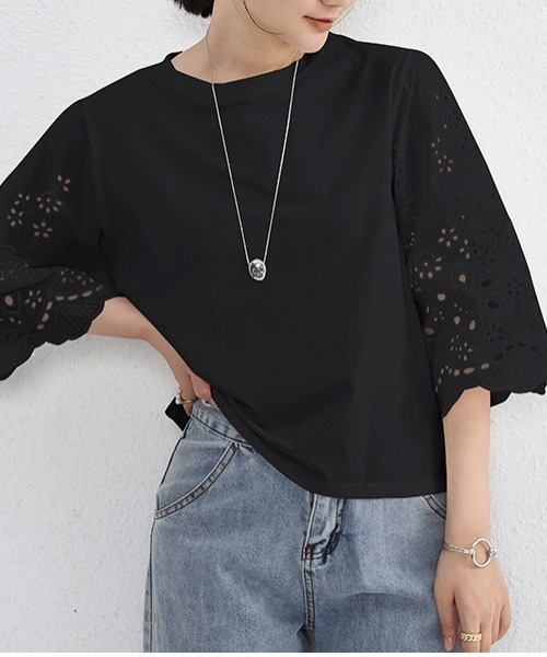 セール】5分袖レースフレアスリーブカットソー（Tシャツ