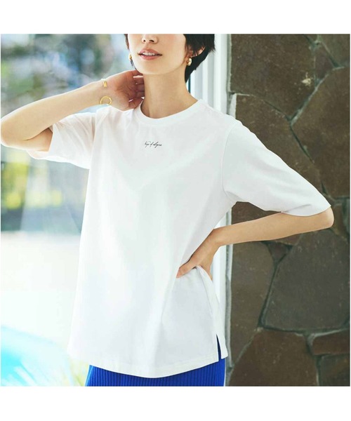 IEDIT(イディット)の「IEDIT 接触冷感機能付きスタメン上品ロゴTシャツ(Tシャツ/カットソー・レディース・オフホワイト/チャコール/ネイビー・M/L/LL/3L/S/4L)」の1枚目の写真