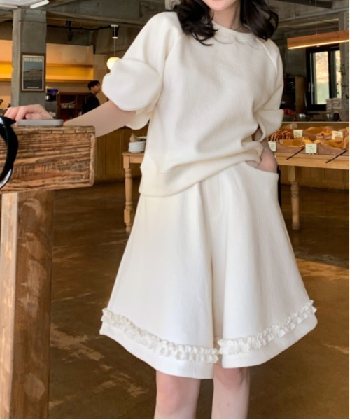 セール】リボンスリーブトップス×ハーフパンツセットアップ