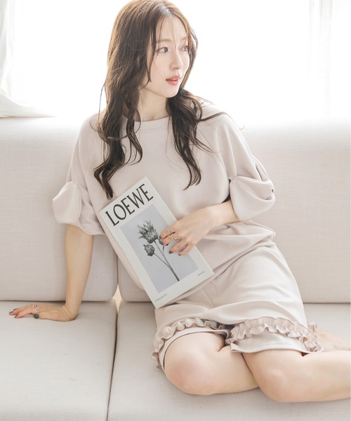 セール】リボンスリーブトップス×ハーフパンツセットアップ