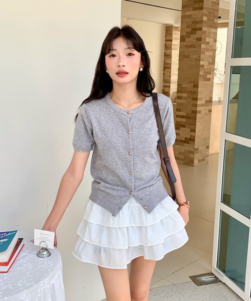 セール】ゴールドボタン半袖ニットトップス/カーディガン