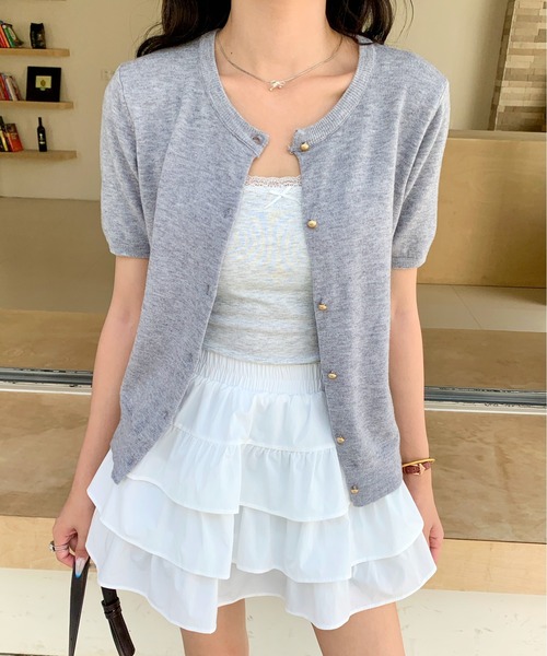 everycoco（エブリーココ）の「ゴールドボタン半袖ニットトップス/カーディガン（ニット/セーター・レディース・ピンク/アイボリー/グレー・FREE）」の11枚目の写真