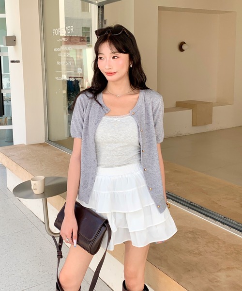everycoco（エブリーココ）の「ゴールドボタン半袖ニットトップス/カーディガン（ニット/セーター・レディース・ピンク/アイボリー/グレー・FREE）」の14枚目の写真