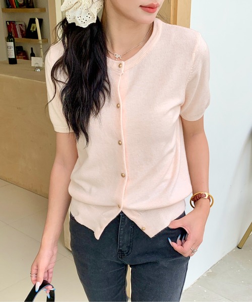 セール】ゴールドボタン半袖ニットトップス/カーディガン