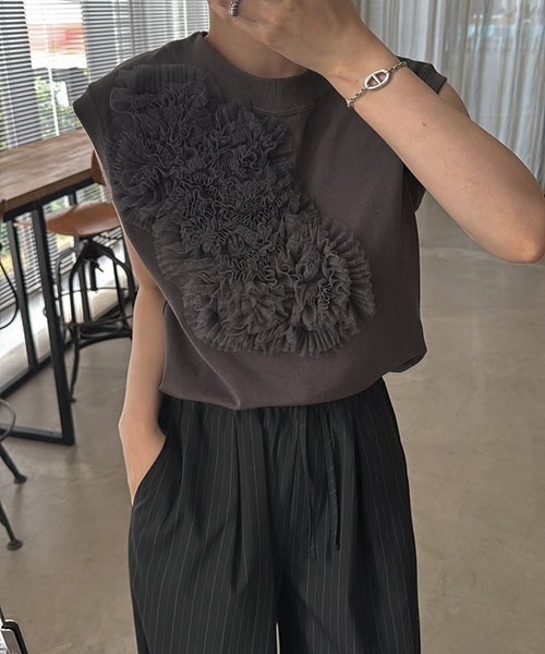 WILLFULLY（ウィルフリー）の「french sleeve tulle motif tops（Tシャツ/カットソー・レディース・グレー系その他/ホワイト/ブラック・FREE）」の3枚目の写真