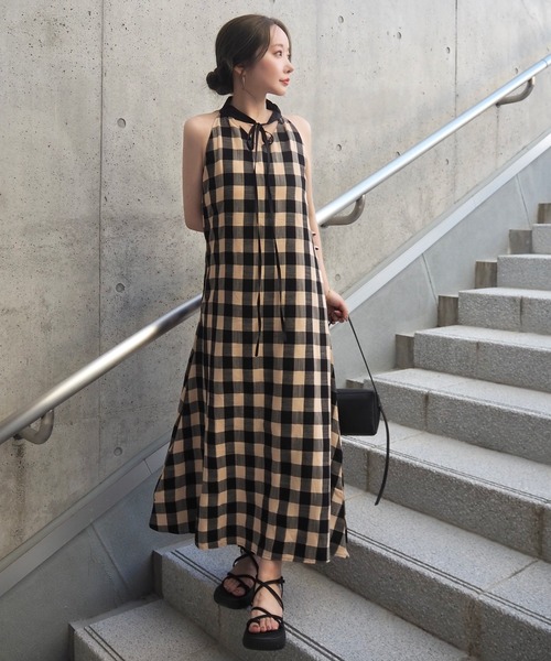 neck ribbon check long dress /ネックリボンチェック柄ロングドレス