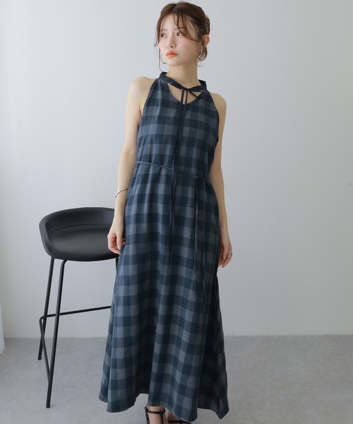 Louren チェック柄ノースリーブロングドレス neck ribbon check long dress /ネックリボンチェック柄ロングドレス