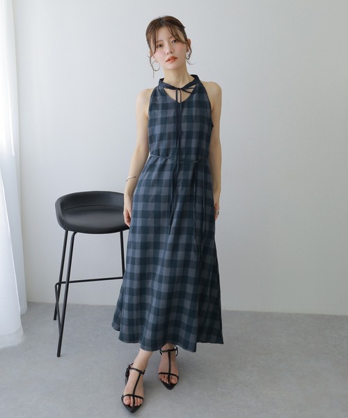 neck ribbon check long dress /ネックリボンチェック柄ロングドレス
