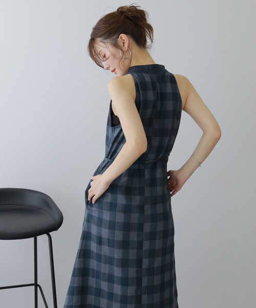 neck ribbon check long dress /ネックリボンチェック柄ロングドレス
