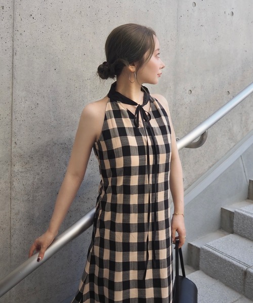 neck ribbon check long dress /ネックリボンチェック柄ロング