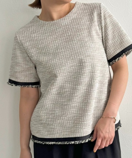 LHELBIE（レルビエ）の「カットツイードトップス（Tシャツ/カットソー・レディース・ライトベージュ/ブラック/グリーン・M）」の3枚目の写真