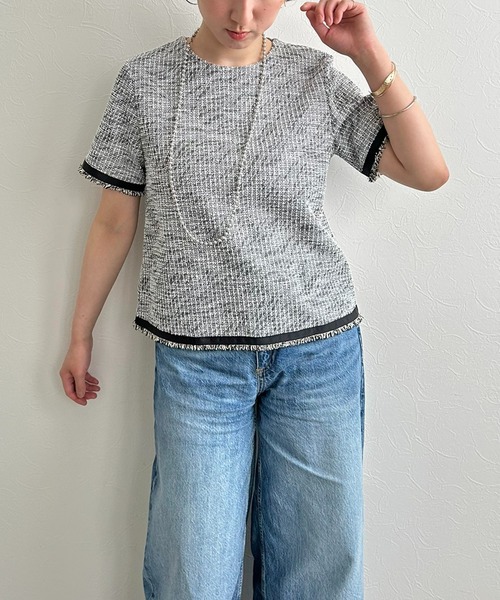 LHELBIE（レルビエ）の「カットツイードトップス（Tシャツ/カットソー・レディース・ライトベージュ/ブラック/グリーン・M）」の11枚目の写真