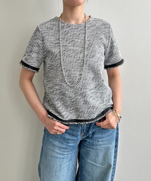 LHELBIE（レルビエ）の「カットツイードトップス（Tシャツ/カットソー・レディース・ライトベージュ/ブラック/グリーン・M）」の13枚目の写真