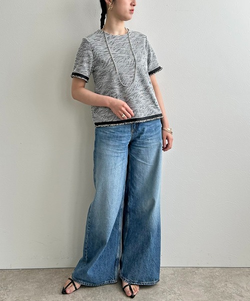 LHELBIE（レルビエ）の「カットツイードトップス（Tシャツ/カットソー・レディース・ライトベージュ/ブラック/グリーン・M）」の6枚目の写真