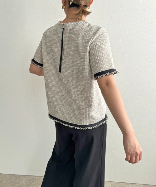 LHELBIE（レルビエ）の「カットツイードトップス（Tシャツ/カットソー・レディース・ライトベージュ/ブラック/グリーン・M）」の5枚目の写真
