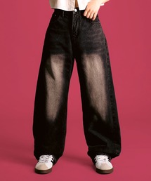 7A2 サイド切り替えバレルレッグデニム ワイド カーブパンツ