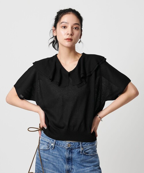 UNITED ARROWS TOKYO フリルカラー レース サマー ニット 紺 BEAUTY&YOUTH UNITED ARROWS（ビューティーアンドユースユナイテッド
