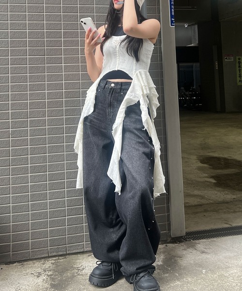 Figments（フィグメンツ）の「メタルバッジサイドフリルキャミ（キャミソール・レディース・ホワイト/ブラック・FREE）」の13枚目の写真