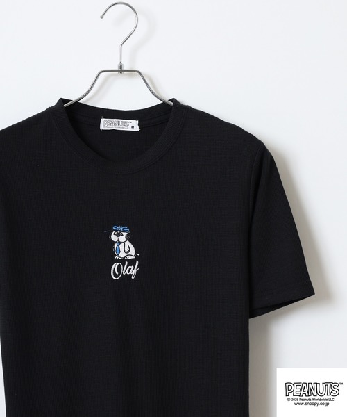 PEANUTS(ピーナッツ)の「PEANUTS 刺繍杢ワッフルTシャツ(Tシャツ/カットソー・メンズ・ブラック/杢グレー/ネイビー/ホワイト・M/L/LL)」の1枚目の写真