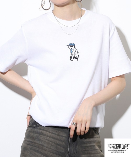 PEANUTS(ピーナッツ)の「PEANUTS 刺繍杢ワッフルTシャツ(Tシャツ/カットソー・メンズ・ブラック/杢グレー/ネイビー/ホワイト・M/L/LL)」の10枚目の写真