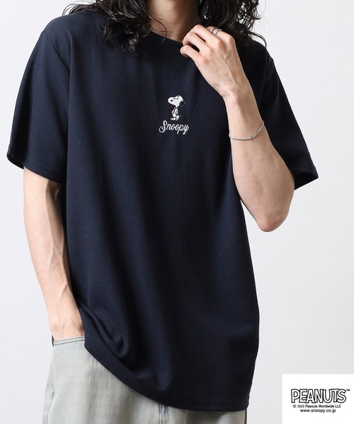 PEANUTS(ピーナッツ)の「PEANUTS 刺繍杢ワッフルTシャツ(Tシャツ/カットソー・メンズ・ブラック/杢グレー/ネイビー/ホワイト・M/L/LL)」の14枚目の写真