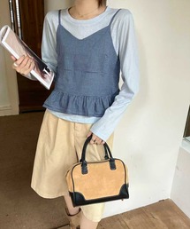 【WEB限定】チェック柄裾フリルキャミソールビスチェ付き長袖Tシャツ［韓国ファッション カジュアル］