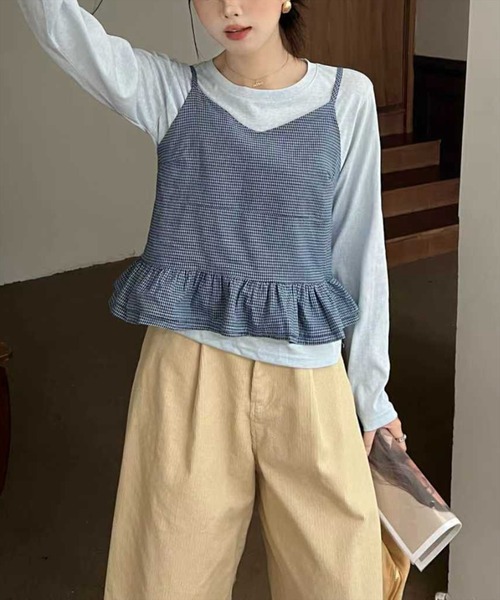 STAY MOTION（ステイモーション）の「【WEB限定】チェック柄裾フリルキャミソールビスチェ付き長袖Tシャツ［韓国ファッション カジュアル］（Tシャツ/カットソー・レディース・ホワイト×ブラック/ブルー/ベージュ・F）」の5枚目の写真