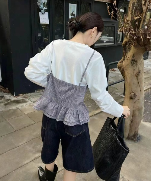 STAY MOTION（ステイモーション）の「【WEB限定】チェック柄裾フリルキャミソールビスチェ付き長袖Tシャツ［韓国ファッション カジュアル］（Tシャツ/カットソー・レディース・ホワイト×ブラック/ブルー/ベージュ・F）」の10枚目の写真