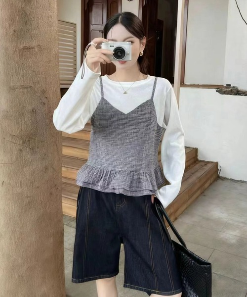 STAY MOTION（ステイモーション）の「【WEB限定】チェック柄裾フリルキャミソールビスチェ付き長袖Tシャツ［韓国ファッション カジュアル］（Tシャツ/カットソー・レディース・ホワイト×ブラック/ブルー/ベージュ・F）」の9枚目の写真