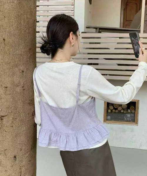 STAY MOTION（ステイモーション）の「【WEB限定】チェック柄裾フリルキャミソールビスチェ付き長袖Tシャツ［韓国ファッション カジュアル］（Tシャツ/カットソー・レディース・ホワイト×ブラック/ブルー/ベージュ・F）」の13枚目の写真