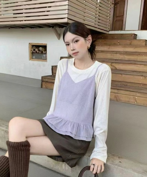 STAY MOTION（ステイモーション）の「【WEB限定】チェック柄裾フリルキャミソールビスチェ付き長袖Tシャツ［韓国ファッション カジュアル］（Tシャツ/カットソー・レディース・ホワイト×ブラック/ブルー/ベージュ・F）」の11枚目の写真