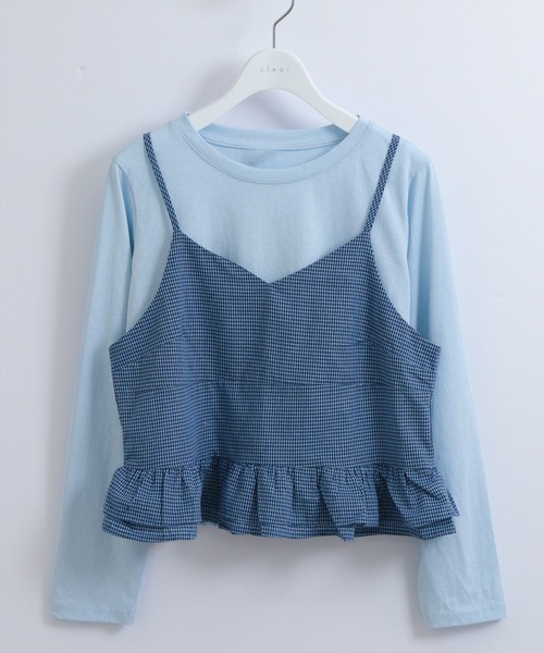 STAY MOTION（ステイモーション）の「【WEB限定】チェック柄裾フリルキャミソールビスチェ付き長袖Tシャツ［韓国ファッション カジュアル］（Tシャツ/カットソー・レディース・ホワイト×ブラック/ブルー/ベージュ・F）」の14枚目の写真