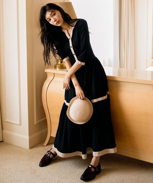 ラメ入り配色カーデ風ドッキングワンピース（ワンピース）｜AND