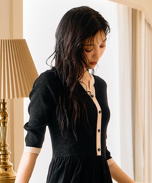 ラメ入り配色カーデ風ドッキングワンピース（ワンピース）｜AND